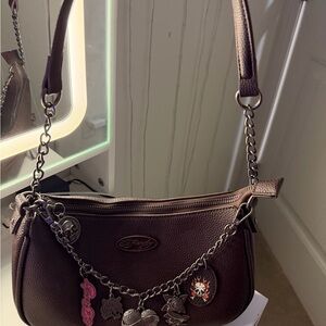 Ed Hardy Dark Brown Shoulder Bag with Chain Accents